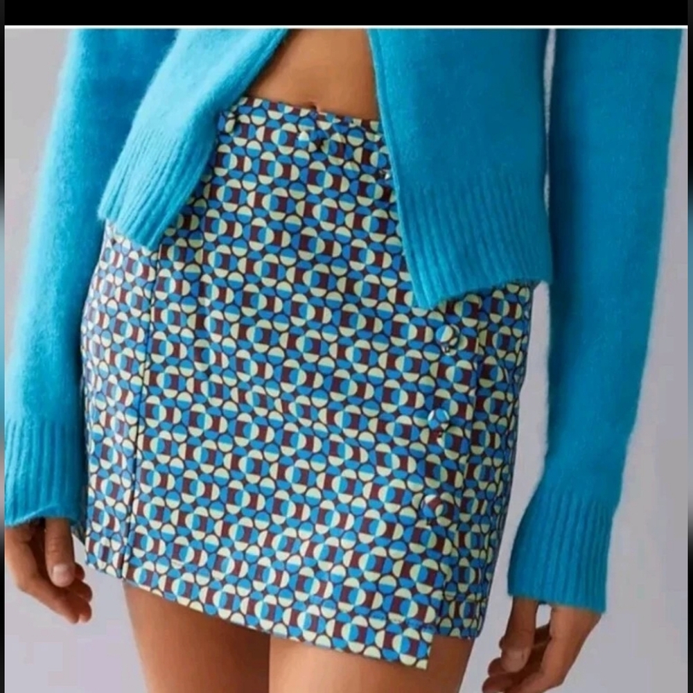 Urban Outfitters UO Jagger Button-Front Mini Skirt Blue Geometric Retro XS EUC